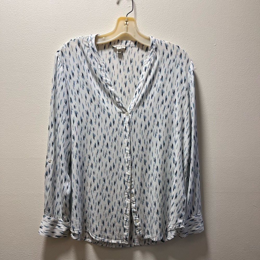 Soft Joie Casual Luxe Stylish Chic V-Neck Long Sleeve Blouse, Sz S, White + Blue